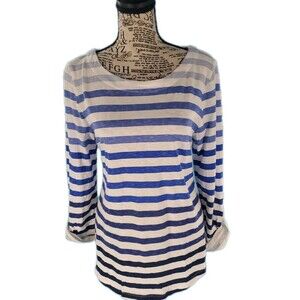 Talbots Lightweight Top Sz M Striped Roll Tab Sleeve Relaxed Fit Nautical Beach